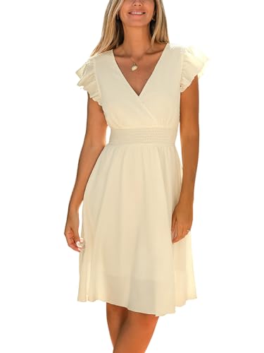 Women's Dress V Neck Flutter Sleeve Smocked Short A Line Casual Summer Knee Length Dress