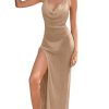 Women's Tie Backless Split Thigh Cover Up Maxi Dress Draped Cowl Neck Cami Dresses