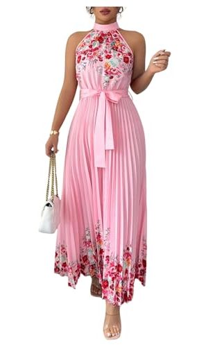Women's Summer Floral Halter Maxi Dress Sleeveless Pleated A Line Flowy Belted Long Dresses