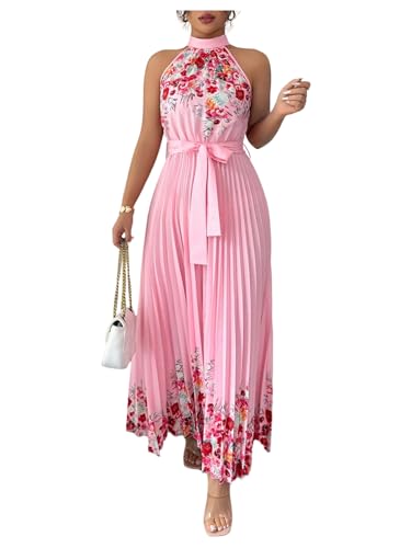 Women's Summer Floral Halter Maxi Dress Sleeveless Pleated A Line Flowy Belted Long Dresses