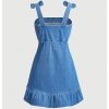 Girl's Sleeveless Ruched Ruffle Hem Denim Dress Bow Cute A Line Summer Dress