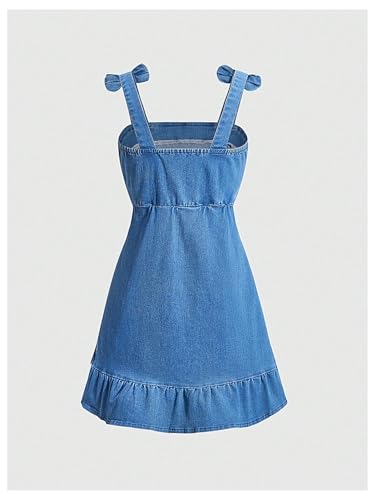 Girl's Sleeveless Ruched Ruffle Hem Denim Dress Bow Cute A Line Summer Dress