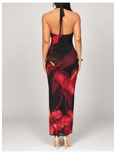 Women's Floral Halter Maxi Dress Draped Cowl Neck Backless Bodycon Wedding Guest Party Mesh Cocktail Long Dresses