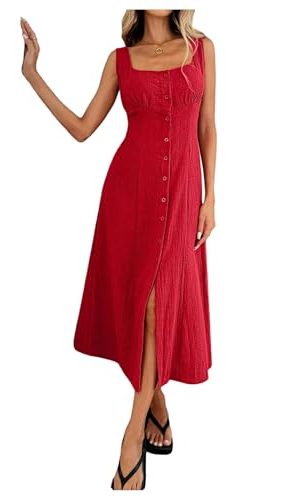 Women's Square Neck Button Down Summer Dresses Bow Tie Elegant Midi Dress