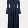 Fall Dresses for Women V Neck Long Sleeve Tunic Waist Slit Solid Color A Line Midi Casual Dress