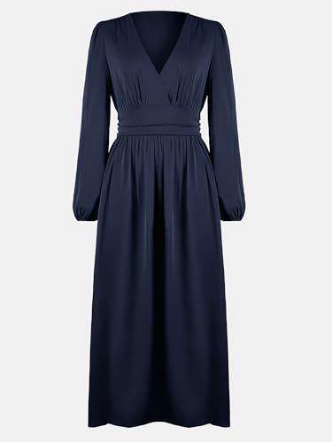 Fall Dresses for Women V Neck Long Sleeve Tunic Waist Slit Solid Color A Line Midi Casual Dress