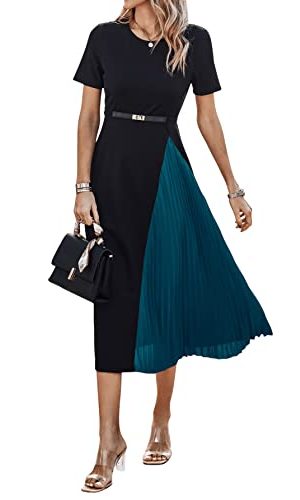 Women's Color Block Pleated Dress Casual Short Sleeve Round Neck A Line Midi Dresses