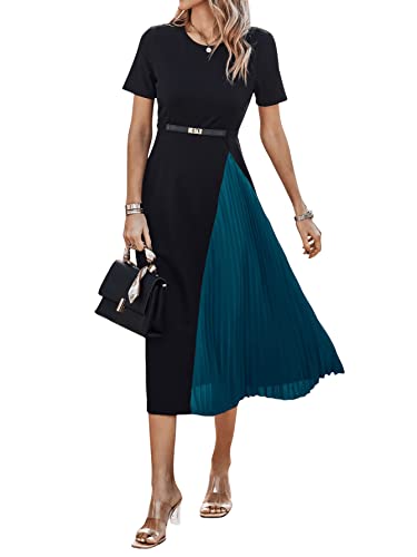 Women's Color Block Pleated Dress Casual Short Sleeve Round Neck A Line Midi Dresses