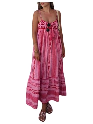 Women's Summer Boho Printed Maxi Dress Spaghetti Strap Ruffle Hem Flowy Long Cami Dresses Sundress