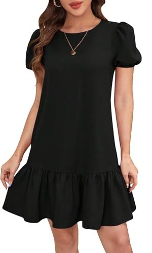 Women's Short Puff Sleeve Ruffle Hem Mini Dress Casual Round Neck Solid Smock Dress