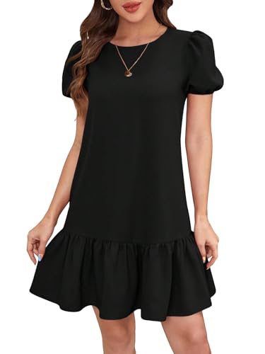 Women's Short Puff Sleeve Ruffle Hem Mini Dress Casual Round Neck Solid Smock Dress
