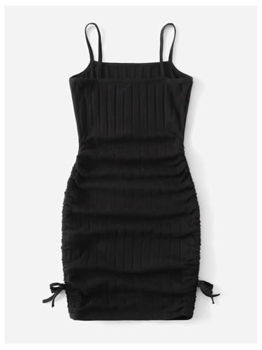 Girl's Spaghetti Strap Ribbed Knit Drawstring Side Ruched Bodycon Cami Dress