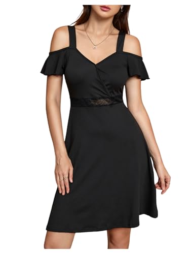 Women's Cold Shoulder A line Dresses V Neck Ruffle Short Sleeve Cut Out Short Dress