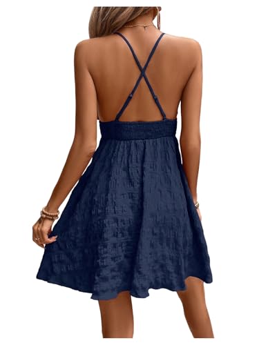 Women's Summer Dress Deep V Neck Spaghetti Strap Shirred A Line Flowy Textured Vacation Short Dresses Sundress