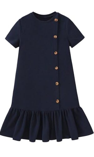Girl's Ruffle A Line Midi Dress Button Crew Neck Short Sleeve Dresses