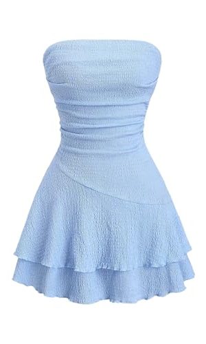 Women's Summer Strapless Tube Mini Dress Off The Shoulder Ruffle Flowy Party Beach Dresses