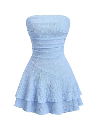 Women's Summer Strapless Tube Mini Dress Off The Shoulder Ruffle Flowy Party Beach Dresses