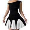 Women's Summer Off The Shoulder Mini Dress Color Block A Line Flared Cocktail Party Dresses