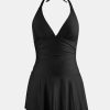 Women's One Piece Swimdress V Neck Plunge Halter Self Tie Open Back Ruched Bathing Suit