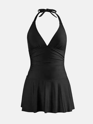 Women's One Piece Swimdress V Neck Plunge Halter Self Tie Open Back Ruched Bathing Suit