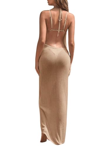 Women's Tie Backless Split Thigh Cover Up Maxi Dress Draped Cowl Neck Cami Dresses