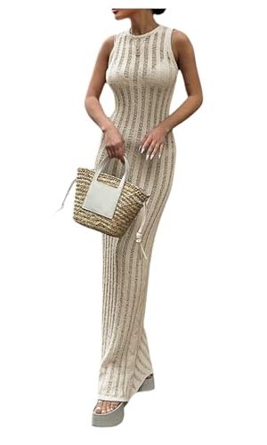 Women's Summer Sleeveless Bodycon Maxi Dress Sheer Knit Beach Vacation Long Dresses