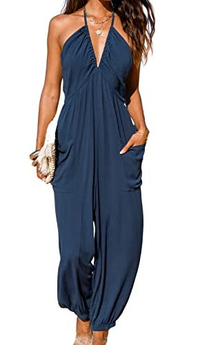 Women's Plunge Halter Sleeveless Pleated Long Romper Knit Jogger Maxi Jumpsuit with Pockets