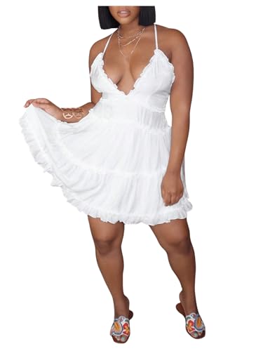 Women's Ruffle V Neck Mini Dress Sleeveless Criss Cross Frill A Line Cami Dresses