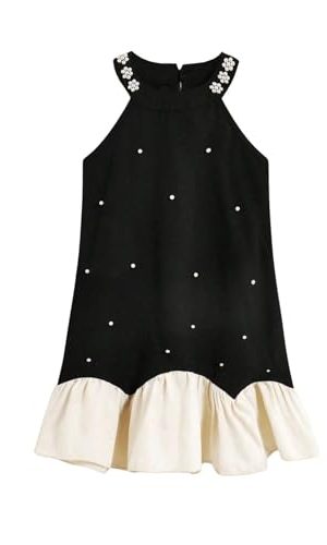 Girl's Pearl Halter Dress Sleeveless Ruffle Hem Color Block Cute Birthday Midi Dresses