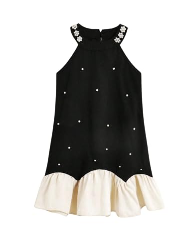Girl's Pearl Halter Dress Sleeveless Ruffle Hem Color Block Cute Birthday Midi Dresses