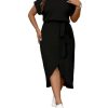 Women's Plus Size Wrap Long Dress Dolman Sleeve Crew Neck Belted Casual Dresses