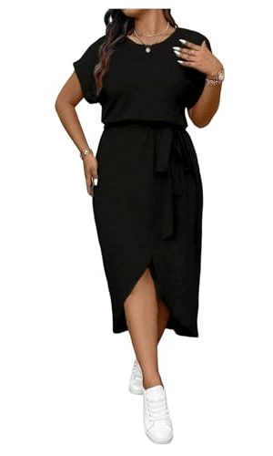 Women's Plus Size Wrap Long Dress Dolman Sleeve Crew Neck Belted Casual Dresses