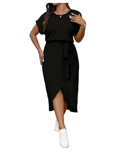 Women's Plus Size Wrap Long Dress Dolman Sleeve Crew Neck Belted Casual Dresses