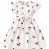 Girl's Cherry Print Short A Line Dress Short Sleeve Belted Flared Dress