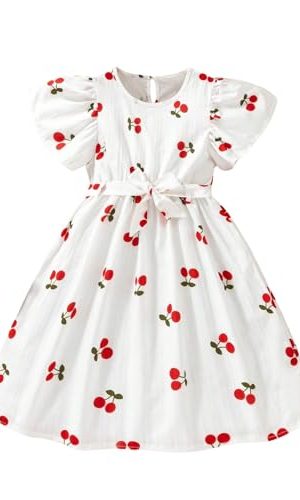 Girl's Cherry Print Short A Line Dress Short Sleeve Belted Flared Dress