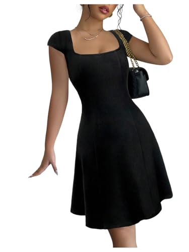 Women's Summer Dress Square Neck Cap Sleeve A Line Flared Short Dresses