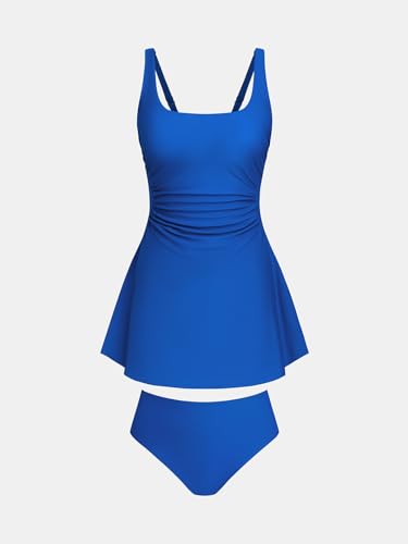 Women's One Piece Swim Dress Scoop Neck Bathing Suit Ruched Tummy Swimsuit Adjustable Wide Straps Sporty