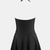 Women's One Piece Swimdress V Neck Plunge Halter Self Tie Open Back Ruched Bathing Suit