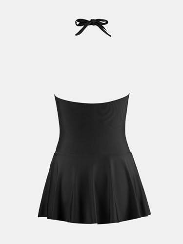 Women's One Piece Swimdress V Neck Plunge Halter Self Tie Open Back Ruched Bathing Suit