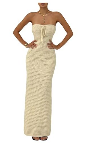 Women's Summer Crochet Tube Maxi Dress Tie Front Strapless Sleeveless Bodycon Knit Long Dresses