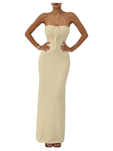 Women's Summer Crochet Tube Maxi Dress Tie Front Strapless Sleeveless Bodycon Knit Long Dresses