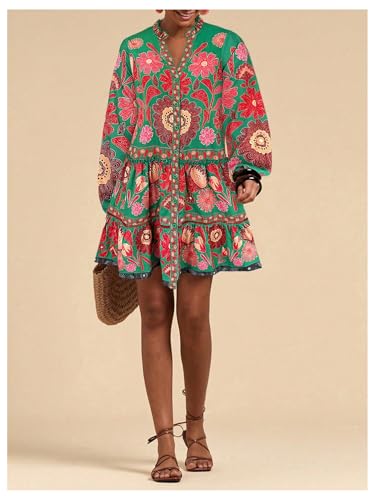 Women's Floral Print Summer Short Dresses Boho Beach Long Sleeve Button Down Flowy Smock Dress