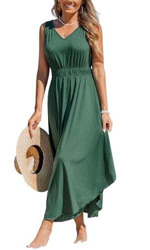 Women's Summer Casual Maxi Dress V Neck Sleeveless Elastic Waist Flowy Long Dress