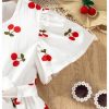 Girl's Cherry Print Short A Line Dress Short Sleeve Belted Flared Dress