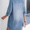 Women's Long Sleeve Denim Shirt Dress Casual V Neck Mini Distressed Roll Tab Jean Dresses