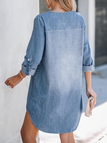 Women's Long Sleeve Denim Shirt Dress Casual V Neck Mini Distressed Roll Tab Jean Dresses