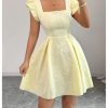 Women's Ruffle Cap Sleeve Square Neck Dress Textured Short Dress Summer Smocked A Line Dresses