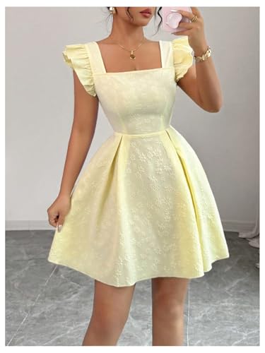 Women's Ruffle Cap Sleeve Square Neck Dress Textured Short Dress Summer Smocked A Line Dresses