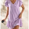 Women's Ruffle Puff Short Sleeve V Neck Textured Summer Short Dresses