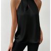 Womens Elegant Twist Front Halter Sleeveless Satin Blouse Keyhole Back Tank Top